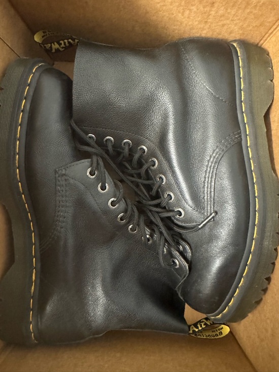 Dr. Martens Black Leather Lace-Up Platform Boots with Yellow Stitching - Picture 10 of 10